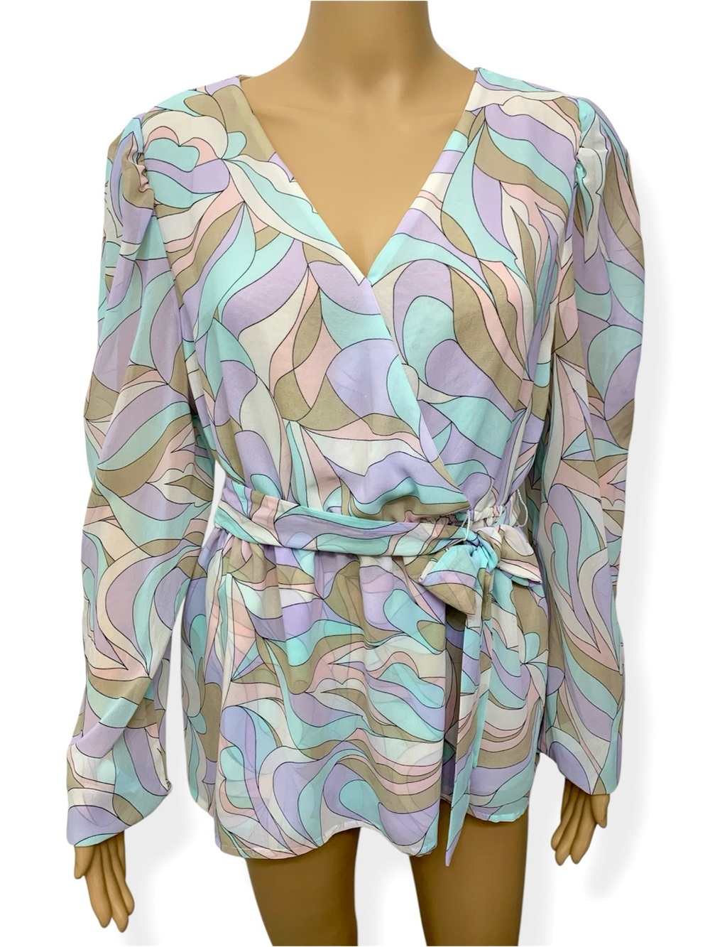 Calvin Klein Overlapped V-neck Pastel Lavender Mint Long Sleeve Top Blouse Large